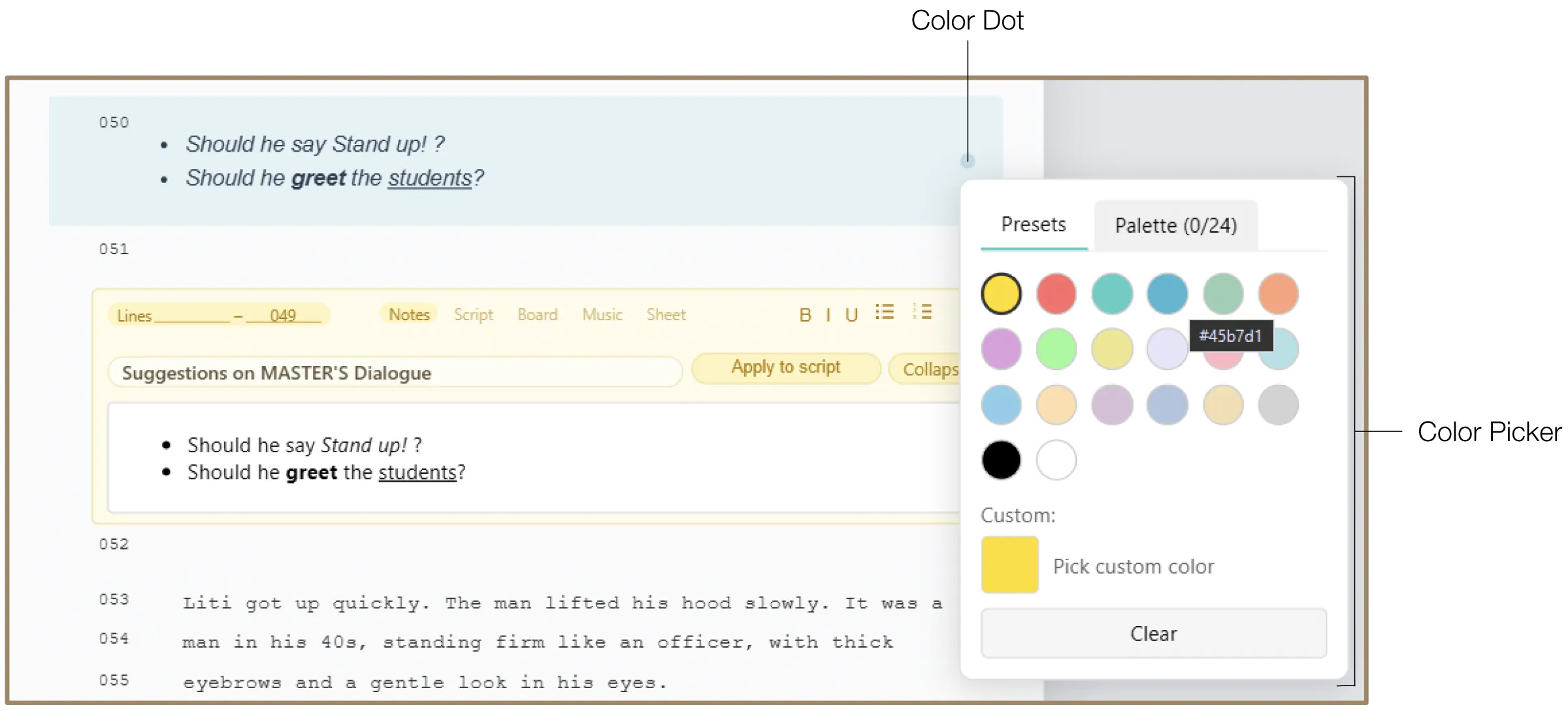 Color-coded Note markers with Color Dot next to line numbers and Color Picker options